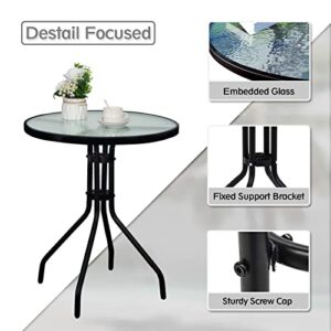 DIMAR GARDEN 24" Outdoor Side Table Patio Metal Round Bistro Coffee Table with Glass Top,Black