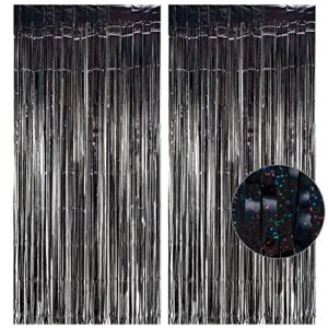 black tinsel curtain party backdrop glitter – greatril party streamers backdrop foil fringe curtains for birthday/graduation/halloween/wizard decorations – 1m x 2.5m – pack of 2