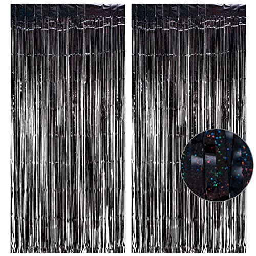 Black Tinsel Curtain Party Backdrop Glitter - GREATRIL Party Streamers Backdrop Foil Fringe Curtains for Birthday/Graduation/Halloween/Wizard Decorations - 1m x 2.5m - Pack of 2