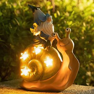 la jolie muse garden gnomes statue -9.2” resin garden snail with gnome figurine with solar led lights, outdoor decoration for patio yard lawn porch, ornament，decor