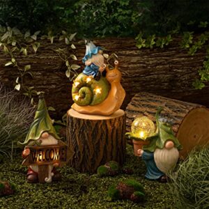 LA JOLIE MUSE Garden Gnomes Statue -9.2'' Resin Garden Snail with Gnome Figurine with Solar LED Lights, Outdoor Decoration for Patio Yard Lawn Porch, Ornament，Decor