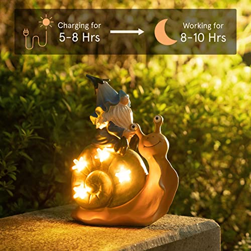 LA JOLIE MUSE Garden Gnomes Statue -9.2'' Resin Garden Snail with Gnome Figurine with Solar LED Lights, Outdoor Decoration for Patio Yard Lawn Porch, Ornament，Decor