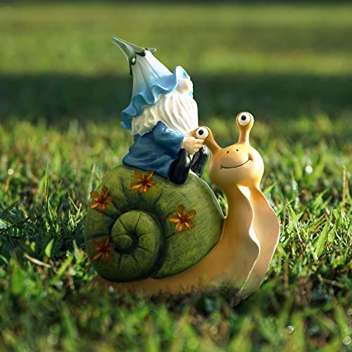 LA JOLIE MUSE Garden Gnomes Statue -9.2'' Resin Garden Snail with Gnome Figurine with Solar LED Lights, Outdoor Decoration for Patio Yard Lawn Porch, Ornament，Decor