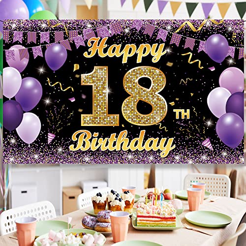 18th Birthday Decoration Backdrop Banner, Happy 18th Birthday Decorations for Girls, Gold Purple 18 Birthday Party Photo Booth Props, 18th Birthday Poster Sign for Her, Fabric 6.1ft x 3.6ft Vicycaty