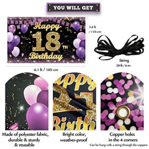 18th Birthday Decoration Backdrop Banner, Happy 18th Birthday Decorations for Girls, Gold Purple 18 Birthday Party Photo Booth Props, 18th Birthday Poster Sign for Her, Fabric 6.1ft x 3.6ft Vicycaty