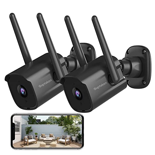 Septekon Security Camera Outdoor 2 Pack, 2.4G Wired WiFi Cameras for Home Security, 2K Surveillance Cameras with Motion Detection and Siren, 2-Way Audio, Night Vision, IP66 Waterproof, Black