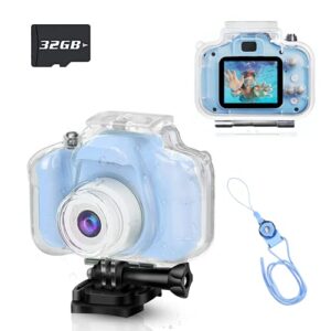 bkmlsr kids video camera waterproof 1080p hd 12mp digital children action cameras toddler camcorder with 32gb card for 3-12 years old girls boys christmas birthday gifts – blue