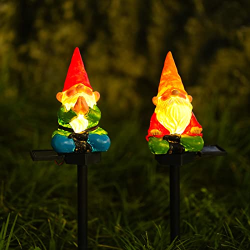 Garden gnome Stake Decoration Solar Yoga Gnomes Garden Stake Statues Gnome LED Solar Light Yellow Hat Meditation Garden Statues Yard Lawn Porch Garden Gifts for Mom(2pcs)