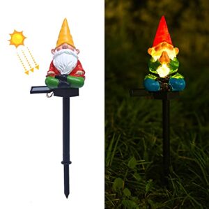 Garden gnome Stake Decoration Solar Yoga Gnomes Garden Stake Statues Gnome LED Solar Light Yellow Hat Meditation Garden Statues Yard Lawn Porch Garden Gifts for Mom(2pcs)