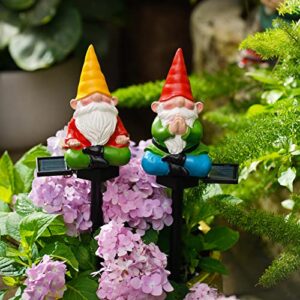 Garden gnome Stake Decoration Solar Yoga Gnomes Garden Stake Statues Gnome LED Solar Light Yellow Hat Meditation Garden Statues Yard Lawn Porch Garden Gifts for Mom(2pcs)