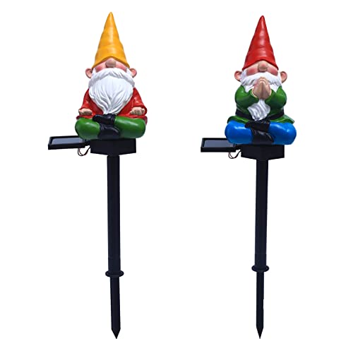 Garden gnome Stake Decoration Solar Yoga Gnomes Garden Stake Statues Gnome LED Solar Light Yellow Hat Meditation Garden Statues Yard Lawn Porch Garden Gifts for Mom(2pcs)