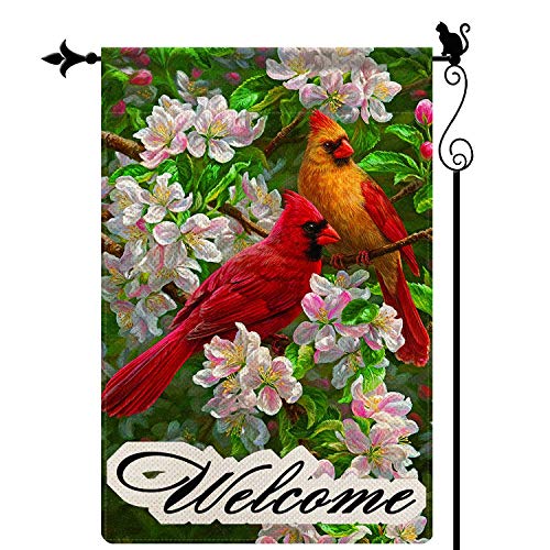 Gormcore Cardinal Glory Spring Garden Flag Red Birds Yellow Birds Summer Small Garden Flag Peach Blossom Floral Vertical Double Sided Rustic Farmland Burlap Yard Lawn Outdoor Decor 12.5x18