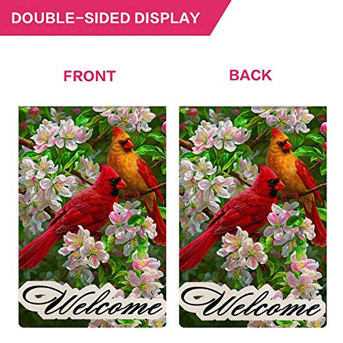 Gormcore Cardinal Glory Spring Garden Flag Red Birds Yellow Birds Summer Small Garden Flag Peach Blossom Floral Vertical Double Sided Rustic Farmland Burlap Yard Lawn Outdoor Decor 12.5x18