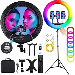 18 inch rgb ring light kit amazker led with stand and phone ipad holder 25 color modes 3000-6000k dimmable 10 brightness level up to 5000 lux circle light for live stream/makeup/youtube/vlog/tiktok