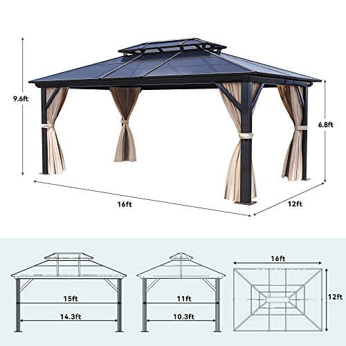 YITAHOME 12x16 FT Gazebo Hard-Top Double Roof Canopy Outdoor with Netting and Shaded Curtains, Aluminum Frame Polycarbonate Hardtop Garden Tent for Patio, Backyard, Deck and Lawns, Brown