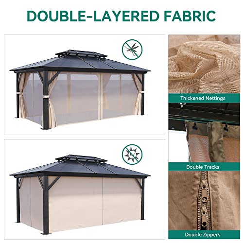 YITAHOME 12x16 FT Gazebo Hard-Top Double Roof Canopy Outdoor with Netting and Shaded Curtains, Aluminum Frame Polycarbonate Hardtop Garden Tent for Patio, Backyard, Deck and Lawns, Brown