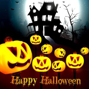 8 Pack Halloween Pumpkin Stake Lights 15.6 ft Halloween Decorations Pumpkin Stake Lantern 3D Lighted Pumpkin String with 8 LED Waterproof Battery for Garden Lawn Yard Tree Outdoor Halloween Decor