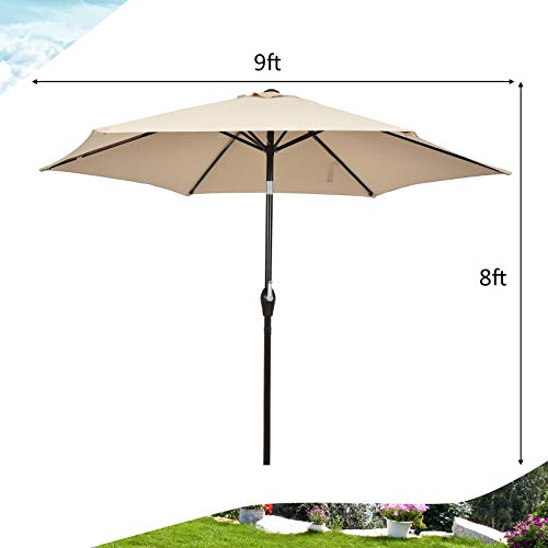 TANGKULA 9FT Patio Umbrella, Outdoor Market Table Umbrella with Push Button Tilt Adjustment, Crank & 6 Sturdy Ribs for Garden, Backyard, Deck & Pool (Beige)