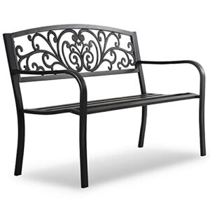 hcy 50 inches garden bench outdoor metal bench patio garden bench sturdy steel frame furniture for yard, outdoor, park, porch, entryway, lawn,(black)