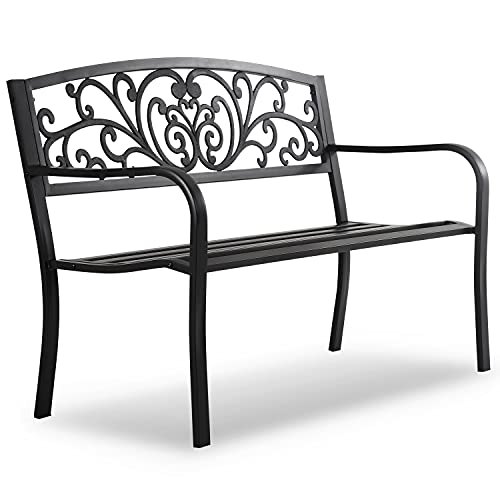 HCY 50 Inches Garden Bench Outdoor Metal Bench Patio Garden Bench Sturdy Steel Frame Furniture for Yard, Outdoor, Park, Porch, Entryway, Lawn,(Black)