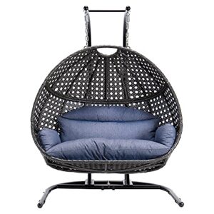 double egg chair with stand, 2 person heavy duty hanging wicker rattan swinging chair hammock nest chair for indoor outdoor patio lounger swinging loveseat perfect for balcony garden – dust blue