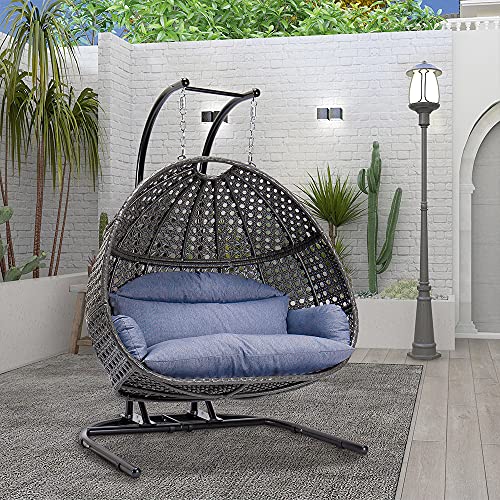 Double Egg Chair with Stand, 2 Person Heavy Duty Hanging Wicker Rattan Swinging Chair Hammock Nest Chair for Indoor Outdoor Patio Lounger Swinging Loveseat Perfect for Balcony Garden - Dust Blue