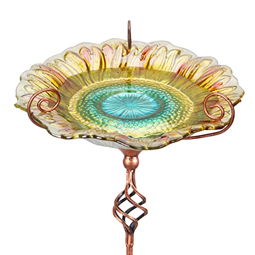 Bird Baths for Outdoors, Glass Birdbaths Outdoor Garden Birdfeeder with Metal Stake Yellow (Height:31inch)