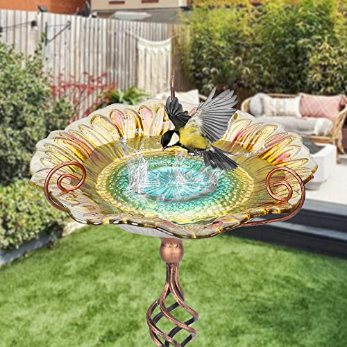 Bird Baths for Outdoors, Glass Birdbaths Outdoor Garden Birdfeeder with Metal Stake Yellow (Height:31inch)