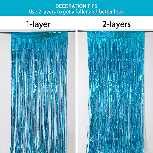 Foil Fringe Curtains Party Decorations - Melsan 3 Pack 3.2 x 8.2 ft Tinsel Curtain Party Photo Backdrop for Birthday Party Baby Shower or Graduation Decorations Teal