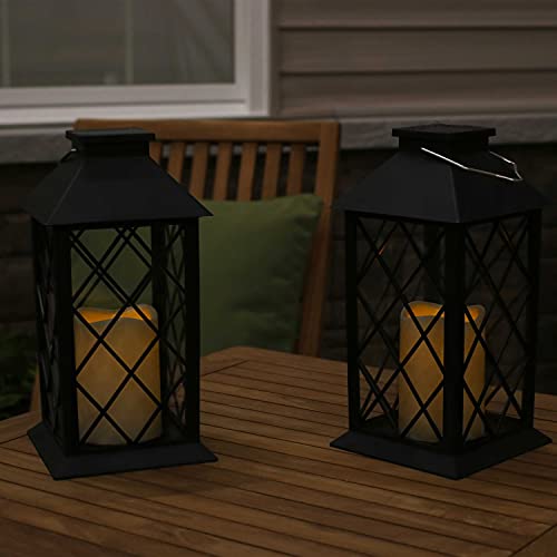 Sunnydaze Concord Outdoor Solar LED Decorative Candle Lantern - Rustic Farmhouse Decor for Patio, Porch, Deck and Garden - Tabletop and Hanging Outside Light - Set of 2 - 11-Inch - Black