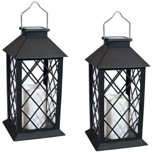 sunnydaze concord outdoor solar led decorative candle lantern – rustic farmhouse decor for patio, porch, deck and garden – tabletop and hanging outside light – set of 2 – 11-inch – black