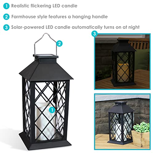 Sunnydaze Concord Outdoor Solar LED Decorative Candle Lantern - Rustic Farmhouse Decor for Patio, Porch, Deck and Garden - Tabletop and Hanging Outside Light - Set of 2 - 11-Inch - Black