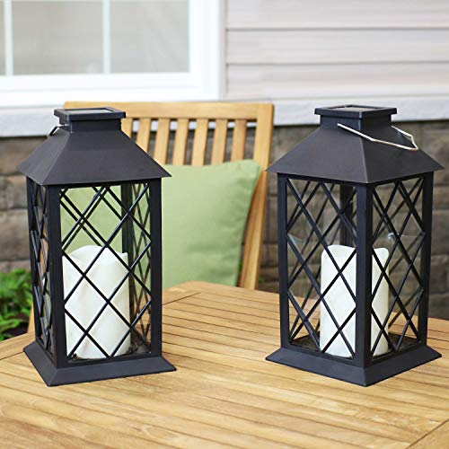 Sunnydaze Concord Outdoor Solar LED Decorative Candle Lantern - Rustic Farmhouse Decor for Patio, Porch, Deck and Garden - Tabletop and Hanging Outside Light - Set of 2 - 11-Inch - Black