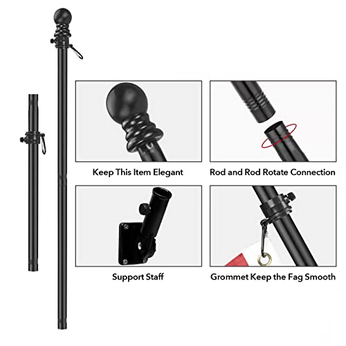 House Flag Pole, 6FT Black Flag Pole Kit - Flag Pole for Outside House, Wall Mount Tangle Free Flag Pole with Stand for Home Truck, Garden Yard Residential or Commercial