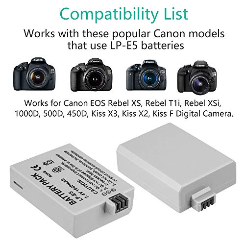 LP-E5 Battery Pack, 2-Pack E5 Battery Compatible with EOS Rebel XS, Rebel T1i, Rebel XSi,1000D, 500D, 450D, Kiss X3, Kiss X2, Kiss F Digital Camera.