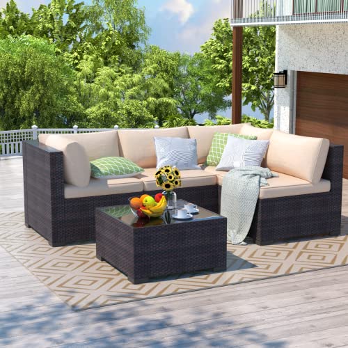 NATURAL EXPRESSIONS 5 Piece Outdoor Patio Furniture Sets,All-Weather Wicker Sectional Sofa Patio Conversation Set,Tempered Glass Table & Washable Cushions for Backyard,Porch,Deck,Balcony