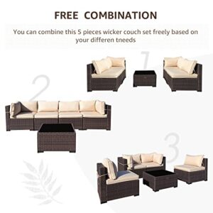 NATURAL EXPRESSIONS 5 Piece Outdoor Patio Furniture Sets,All-Weather Wicker Sectional Sofa Patio Conversation Set,Tempered Glass Table & Washable Cushions for Backyard,Porch,Deck,Balcony