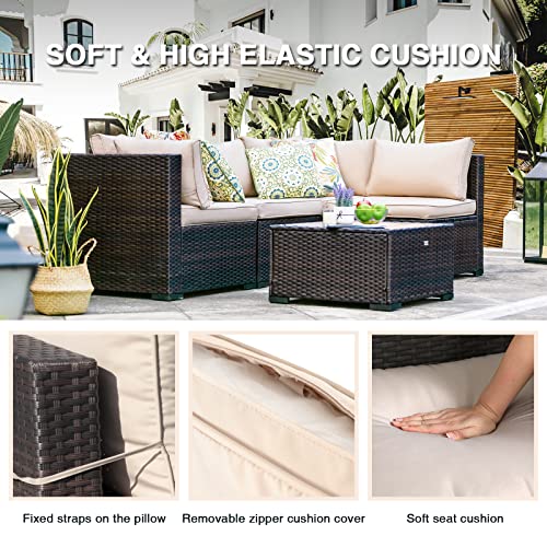 NATURAL EXPRESSIONS 5 Piece Outdoor Patio Furniture Sets,All-Weather Wicker Sectional Sofa Patio Conversation Set,Tempered Glass Table & Washable Cushions for Backyard,Porch,Deck,Balcony