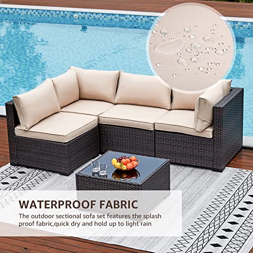 NATURAL EXPRESSIONS 5 Piece Outdoor Patio Furniture Sets,All-Weather Wicker Sectional Sofa Patio Conversation Set,Tempered Glass Table & Washable Cushions for Backyard,Porch,Deck,Balcony