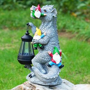 14 inch dinosaur gnomes garden statues with solar led lights, garden gnomes statues outdoor decor for fall winter garden decor, outdoor indoor solar garden gnome decor for patio,lawn,yard decorations