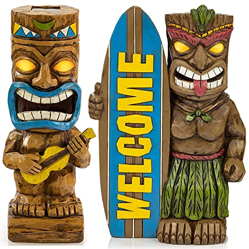 VP Home Tiki Welcome Surfboard & Party Time Solar Powered LED Outdoor Decor Garden Light