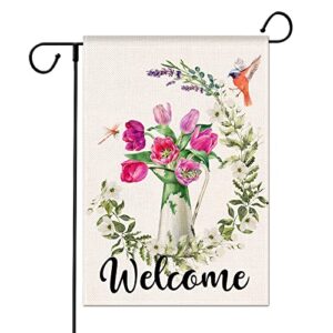 pinknoke spring floral garden flag 12×18 inch small size vertical double sided, eucalyptus garland tulip burlap summer outdoor seasonal yard welcome decoration (garden size / 12.5 x 18 inch)