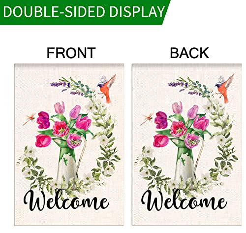 Pinknoke Spring Floral Garden Flag 12x18 Inch Small Size Vertical Double Sided, eucalyptus garland Tulip Burlap Summer Outdoor Seasonal Yard Welcome Decoration (Garden Size / 12.5 x 18 Inch)