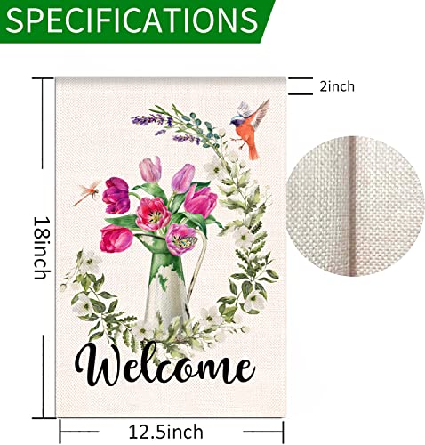 Pinknoke Spring Floral Garden Flag 12x18 Inch Small Size Vertical Double Sided, eucalyptus garland Tulip Burlap Summer Outdoor Seasonal Yard Welcome Decoration (Garden Size / 12.5 x 18 Inch)