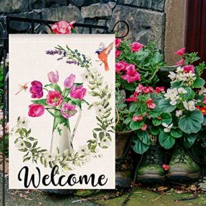 Pinknoke Spring Floral Garden Flag 12x18 Inch Small Size Vertical Double Sided, eucalyptus garland Tulip Burlap Summer Outdoor Seasonal Yard Welcome Decoration (Garden Size / 12.5 x 18 Inch)