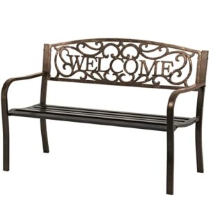fdw garden bench outdoor bench for patio metal bench park bench cushion for yard porch work entryway (bronze)