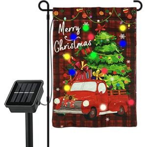 led christmas garden flag, ndlt vertical red truck lighted flag with solar panel, merry christmas double-sided oxford cloth seasonal outdoor flag for winter yard garden lawn decoration(12×18 inches)