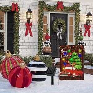 Led Christmas Garden Flag, NDLT Vertical Red Truck Lighted Flag with Solar Panel, Merry Christmas Double-Sided Oxford Cloth Seasonal Outdoor Flag for Winter Yard Garden Lawn Decoration(12x18 inches)