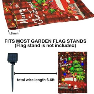 Led Christmas Garden Flag, NDLT Vertical Red Truck Lighted Flag with Solar Panel, Merry Christmas Double-Sided Oxford Cloth Seasonal Outdoor Flag for Winter Yard Garden Lawn Decoration(12x18 inches)