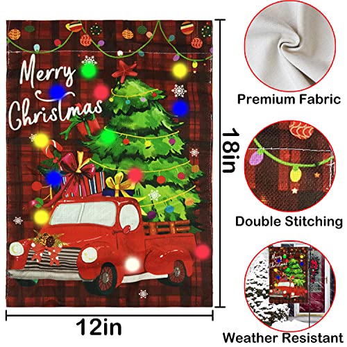 Led Christmas Garden Flag, NDLT Vertical Red Truck Lighted Flag with Solar Panel, Merry Christmas Double-Sided Oxford Cloth Seasonal Outdoor Flag for Winter Yard Garden Lawn Decoration(12x18 inches)